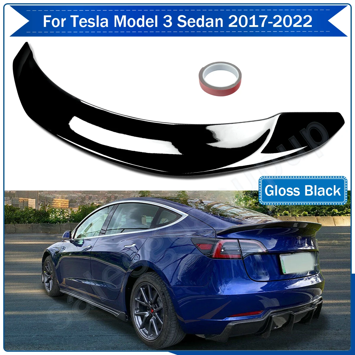 Rear Lip Spoiler For 2017-2022 Tesla Model 3 V Style Ducktail Spoiler Rear Trunk Spoiler Wings Golss Black & Carbon Fiber Look