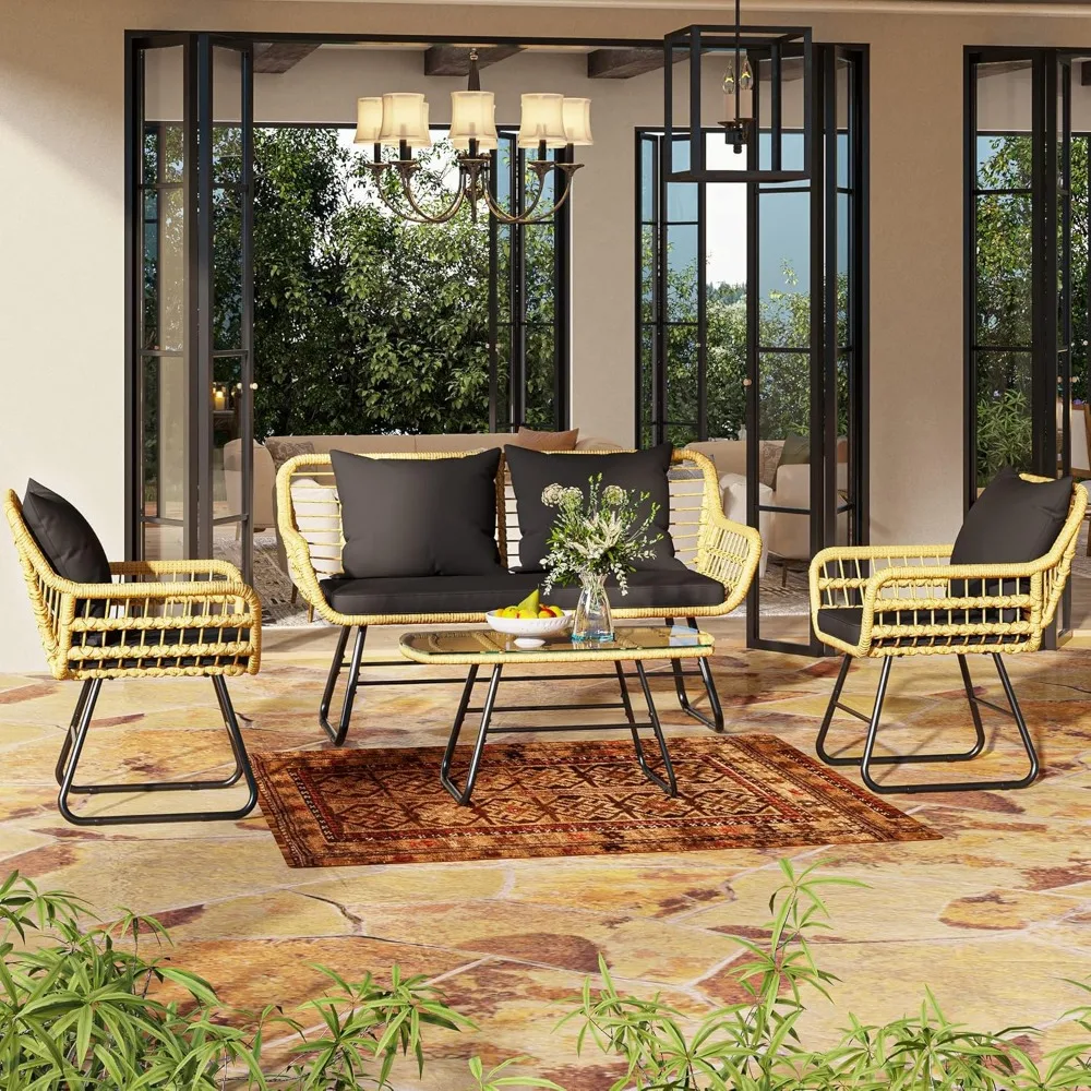 4-Piece Wicker Patio Bistro Set - Loveseat, Chairs & Glass Table - Image 2