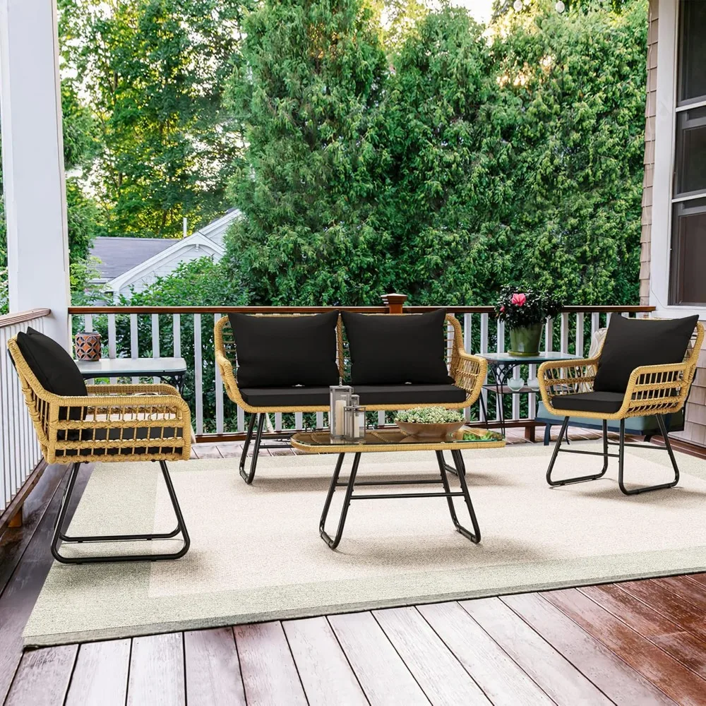4-Piece Wicker Patio Bistro Set - Loveseat, Chairs & Glass Table - Image 3