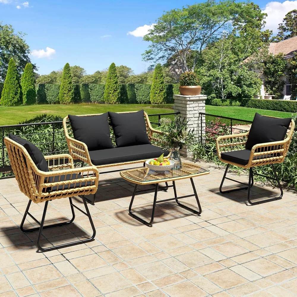 4-Piece Wicker Patio Bistro Set - Loveseat, Chairs & Glass Table