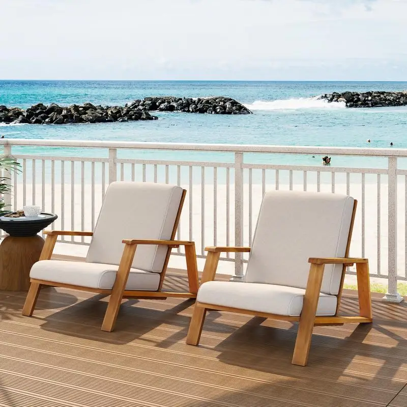 2-Piece Teak Acacia Patio Club Chairs - Beige Cushions & Adirondack Style - Image 2