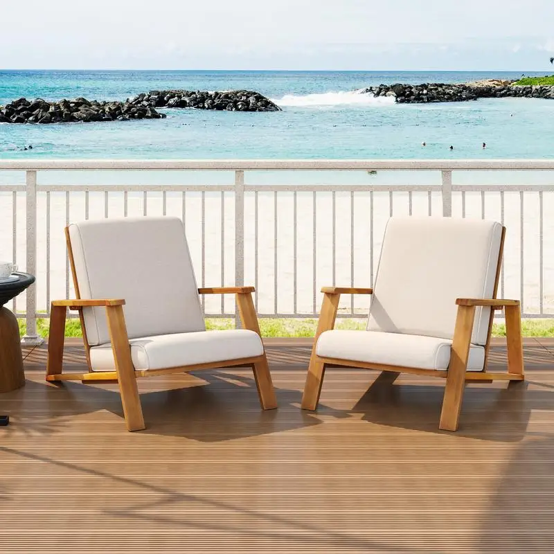 2-Piece Teak Acacia Patio Club Chairs - Beige Cushions & Adirondack Style