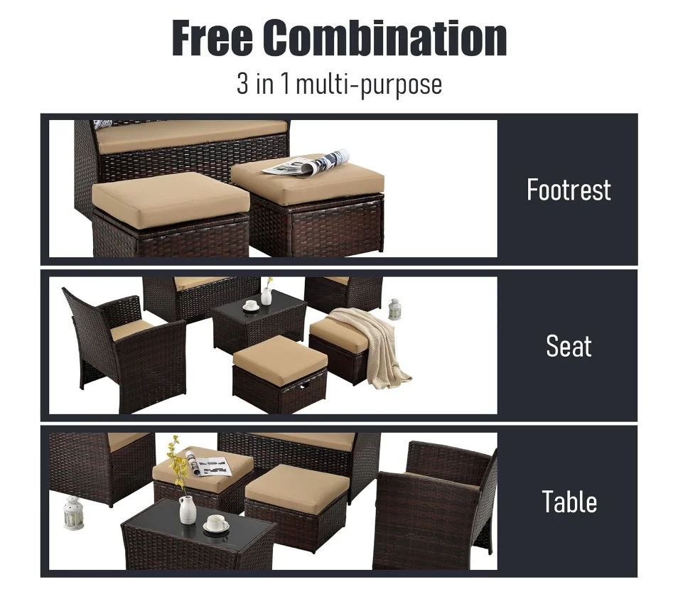 2-Piece Rattan Patio Ottoman Set - Cushioned Footstools for Lounge - Image 2