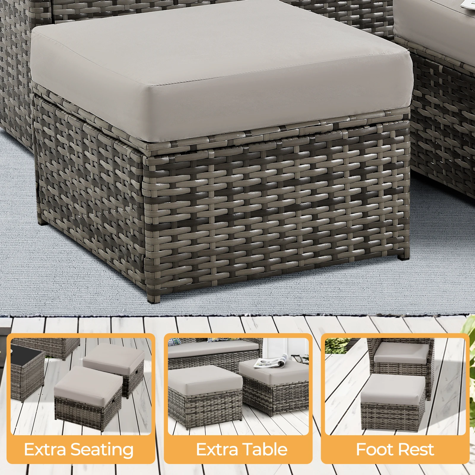 2-Piece Rattan Patio Ottoman Set - Cushioned Footstools for Lounge - Image 3