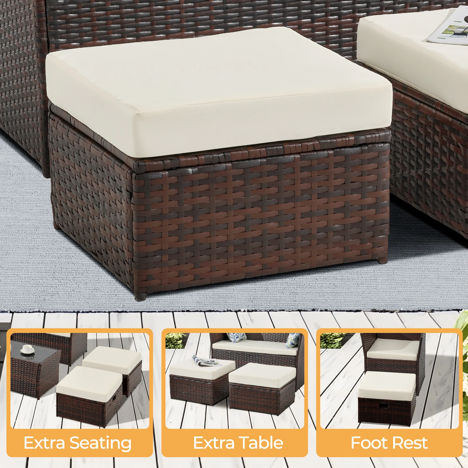2-Piece Rattan Patio Ottoman Set - Cushioned Footstools for Lounge - Image 5