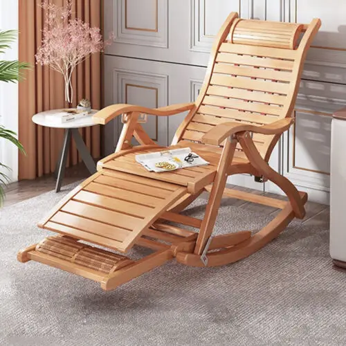 Folding Bamboo Rocking Recliner Chair - Adjustable Zero-Gravity Lounger - Image 2