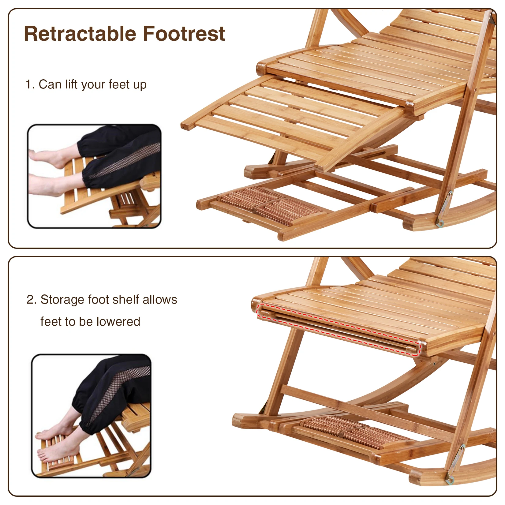 Folding Bamboo Rocking Recliner Chair - Adjustable Zero-Gravity Lounger - Image 5