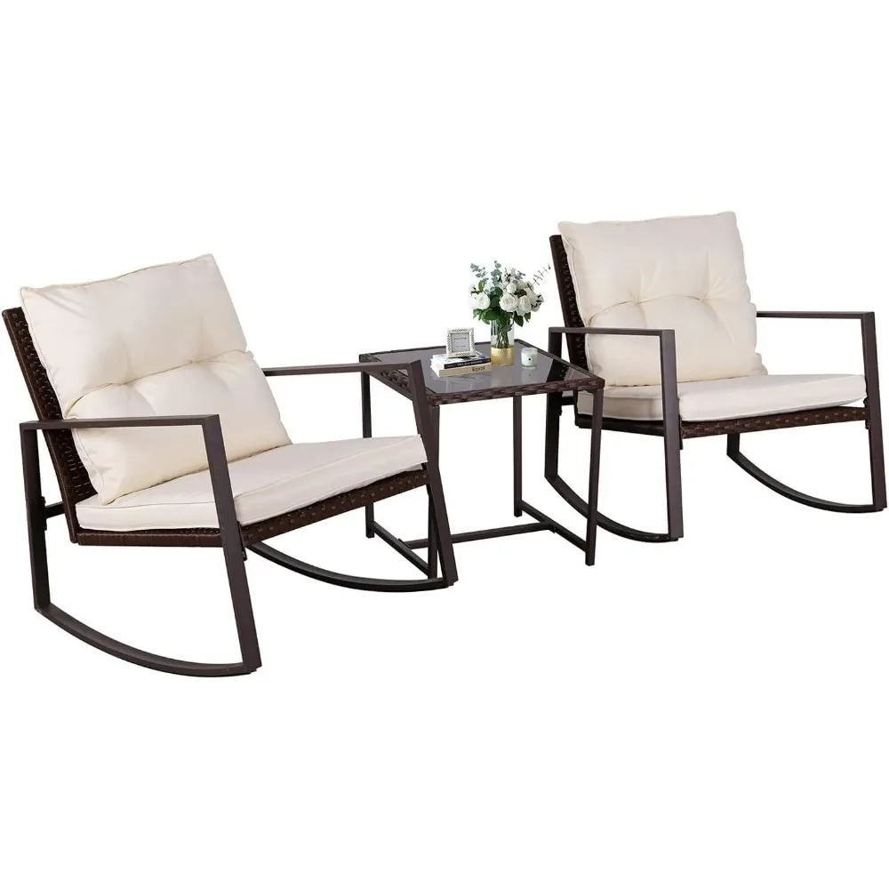 3-Piece Brown Wicker Rocking Bistro Set - Chairs with Beige Cushions & Glass Table