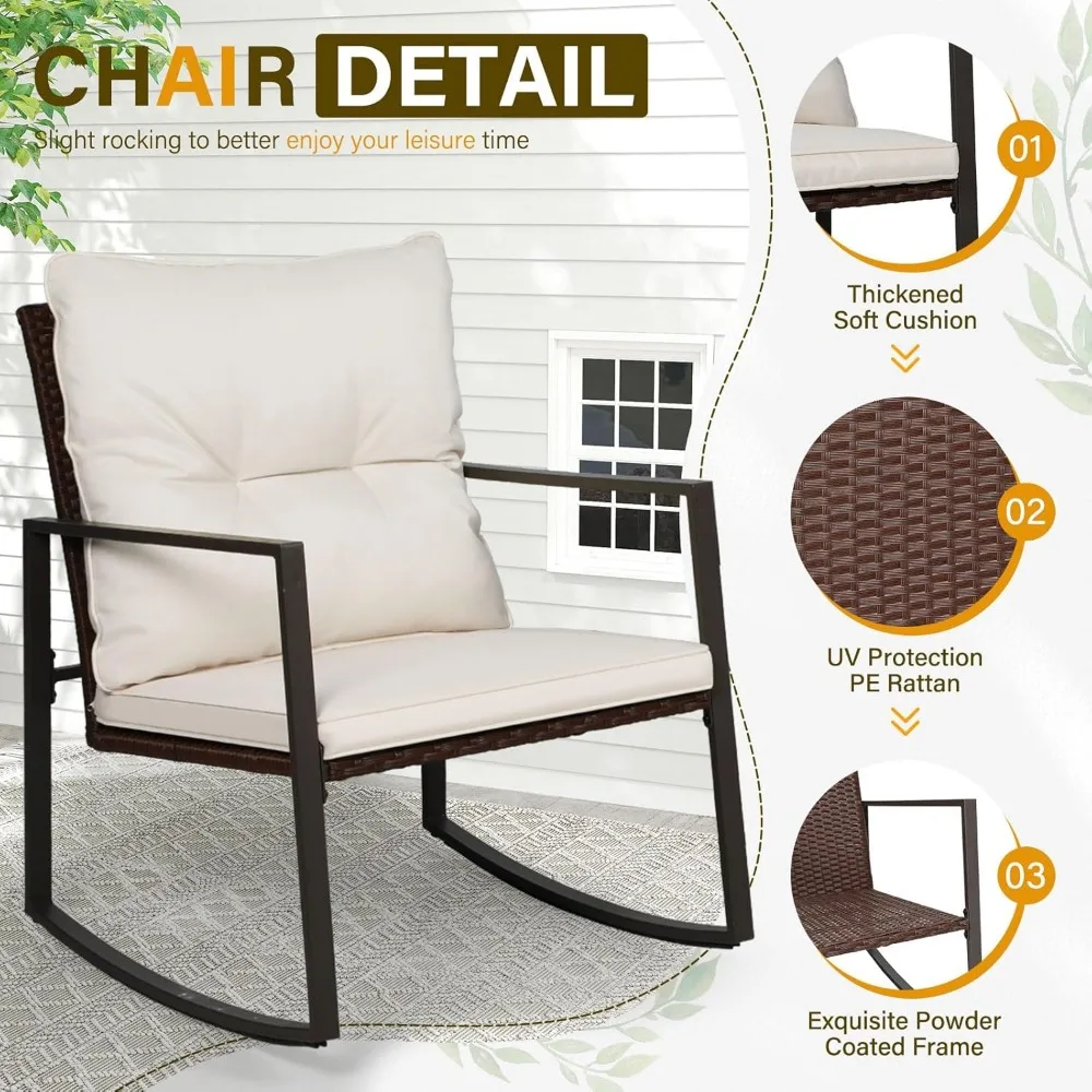 3-Piece Brown Wicker Rocking Bistro Set - Chairs with Beige Cushions & Glass Table - Image 6