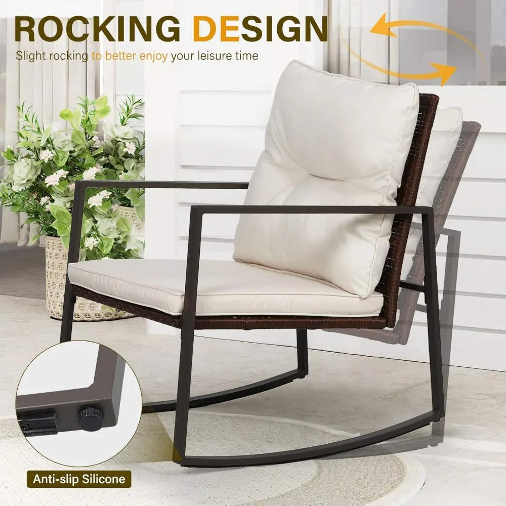 3-Piece Brown Wicker Rocking Bistro Set - Chairs with Beige Cushions & Glass Table - Image 4
