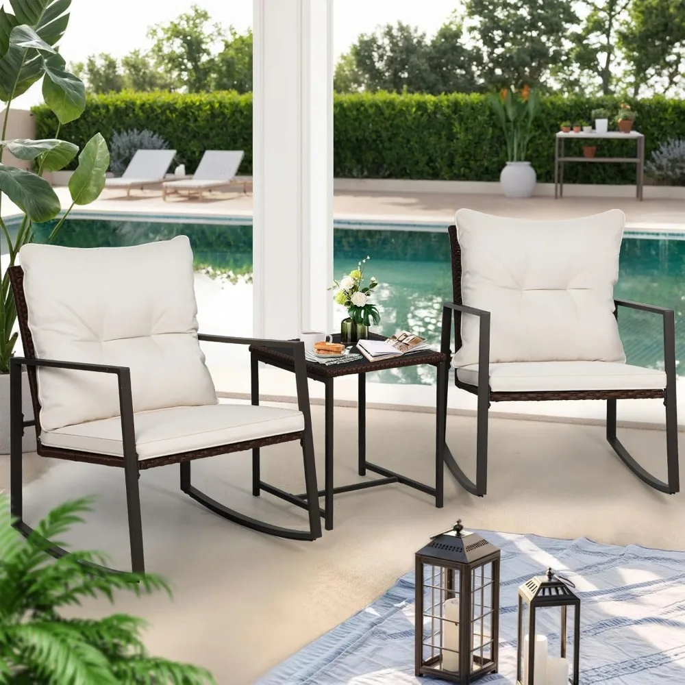 3-Piece Brown Wicker Rocking Bistro Set - Chairs with Beige Cushions & Glass Table - Image 2