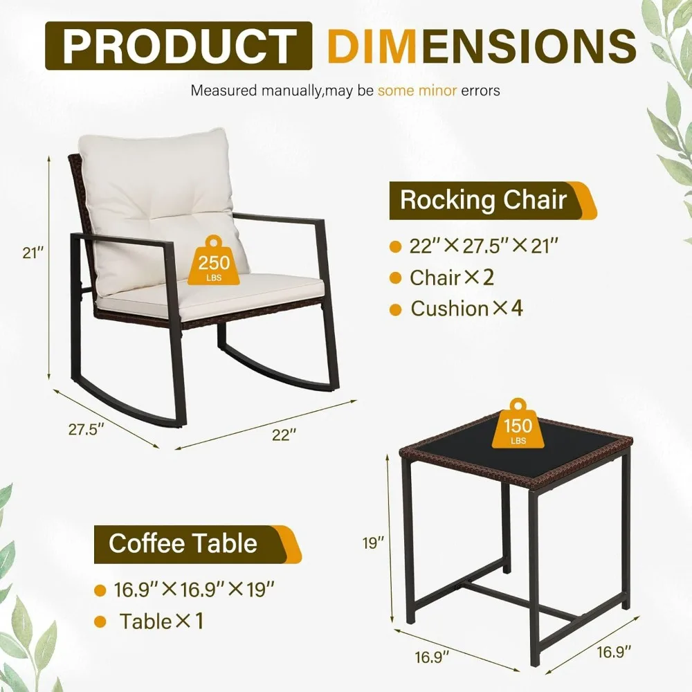3-Piece Brown Wicker Rocking Bistro Set - Chairs with Beige Cushions & Glass Table - Image 3