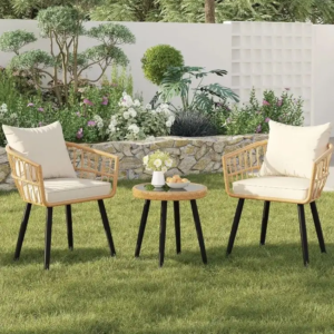 3-Piece Wicker Patio Bistro Set - Cushioned Chairs & Glass Coffee Table