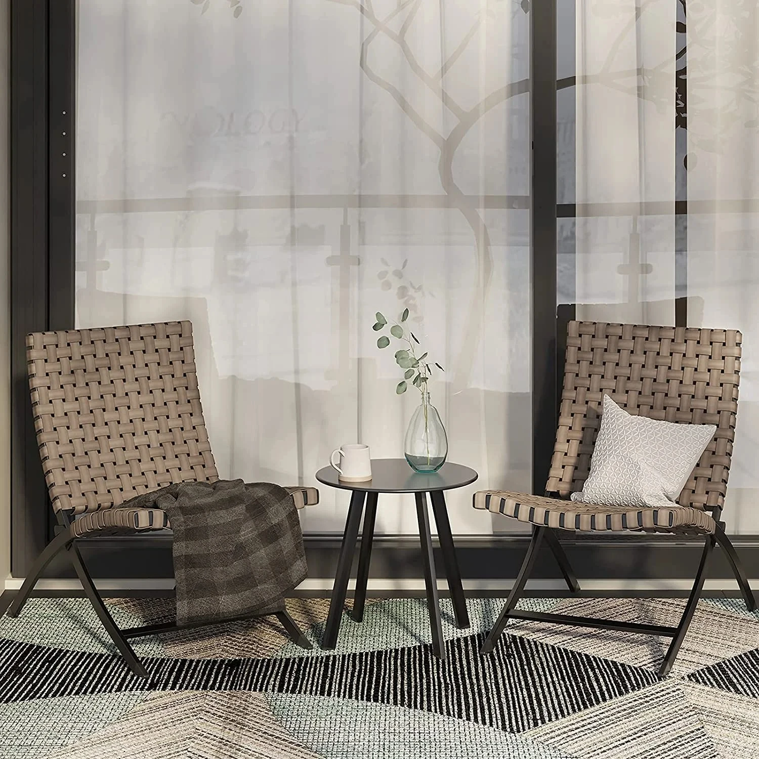3-Piece Foldable Leather-Texture Wicker Patio Set - Chairs & Side Table
