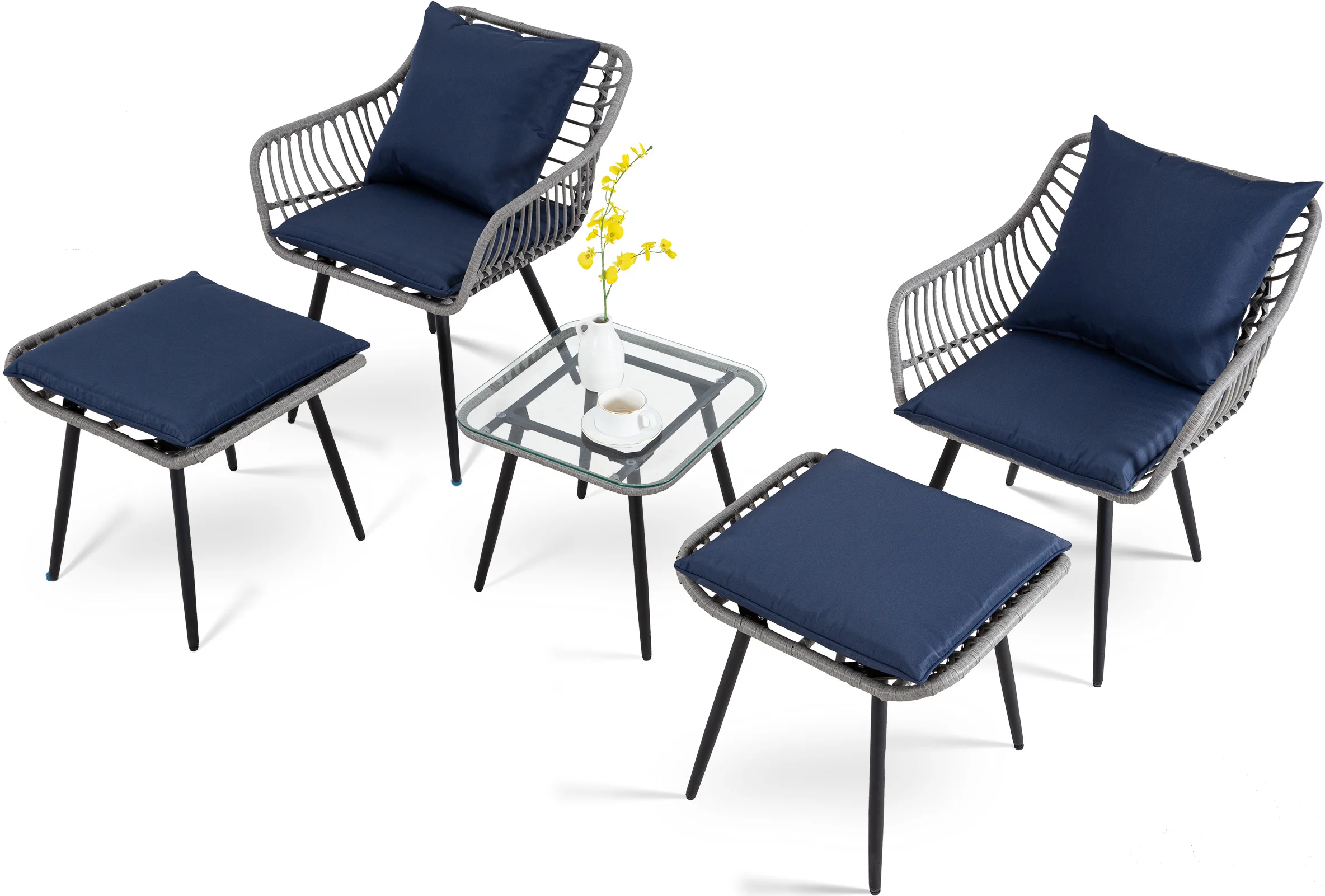 5-Piece Compact Wicker Patio Bistro Set - Chairs, Ottomans & Coffee Table - Image 3