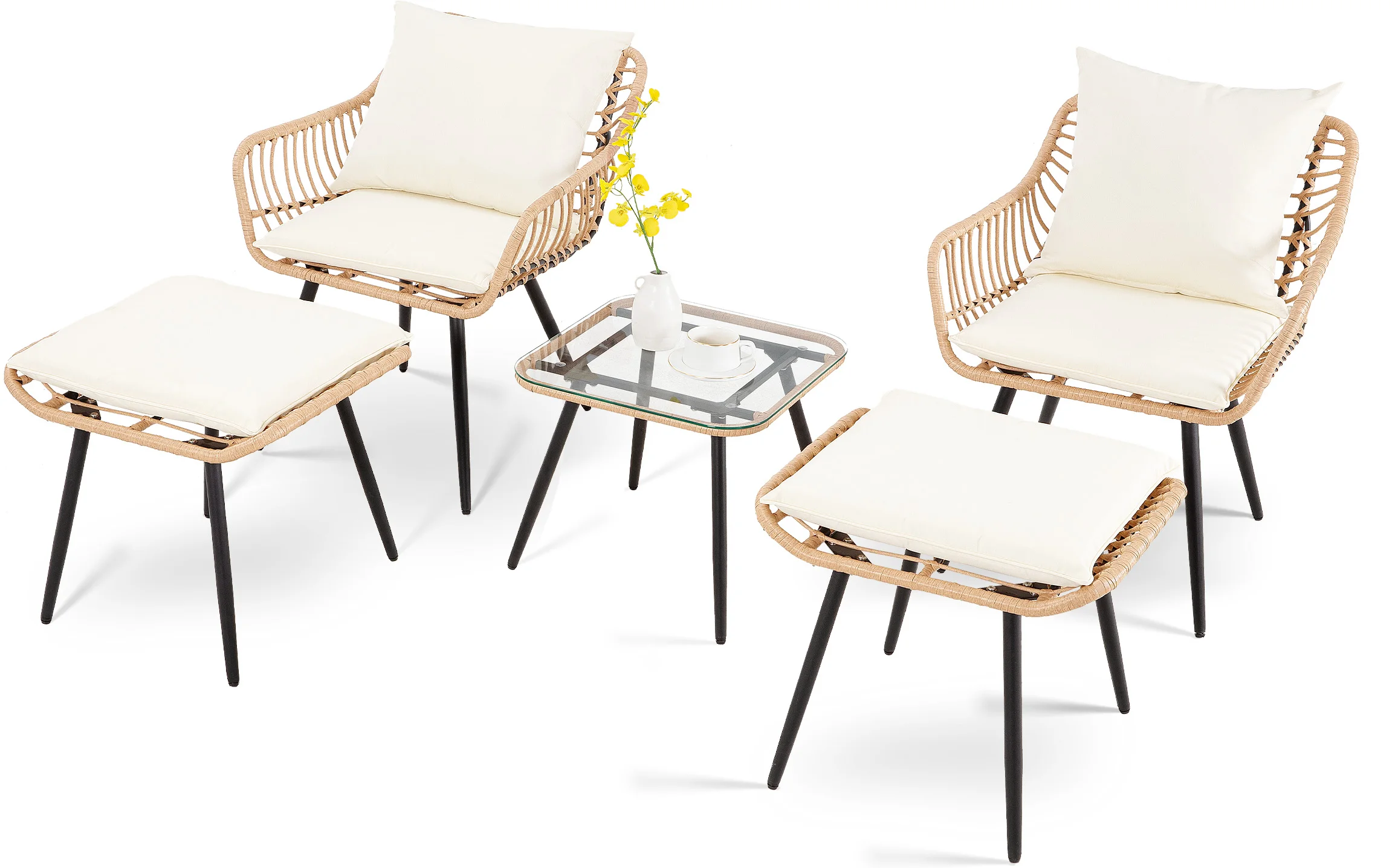 5-Piece Compact Wicker Patio Bistro Set - Chairs, Ottomans & Coffee Table - Image 4