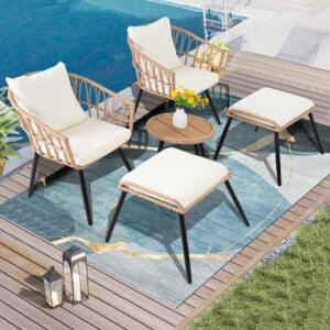 5-Piece Compact Wicker Patio Bistro Set - Chairs, Ottomans & Coffee Table