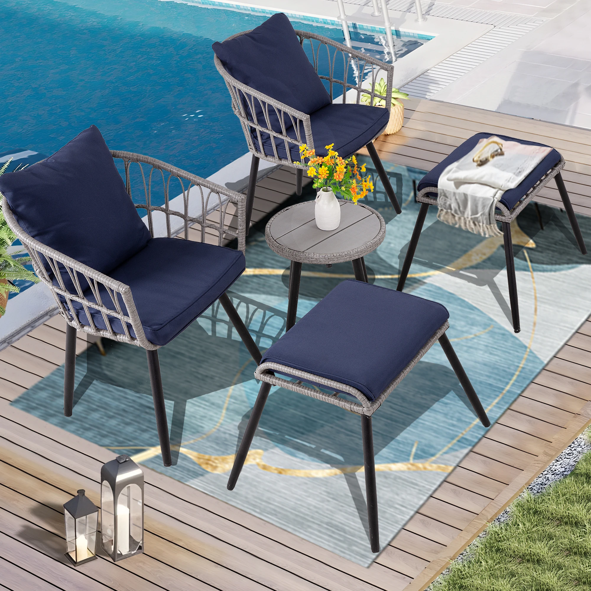 5-Piece Compact Wicker Patio Bistro Set - Chairs, Ottomans & Coffee Table - Image 2