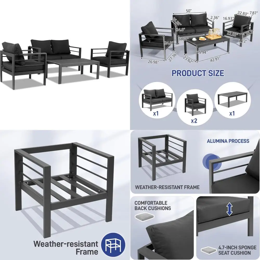 4-Seat Aluminum Outdoor Sectional Set - Thick Cushions & Coffee Table