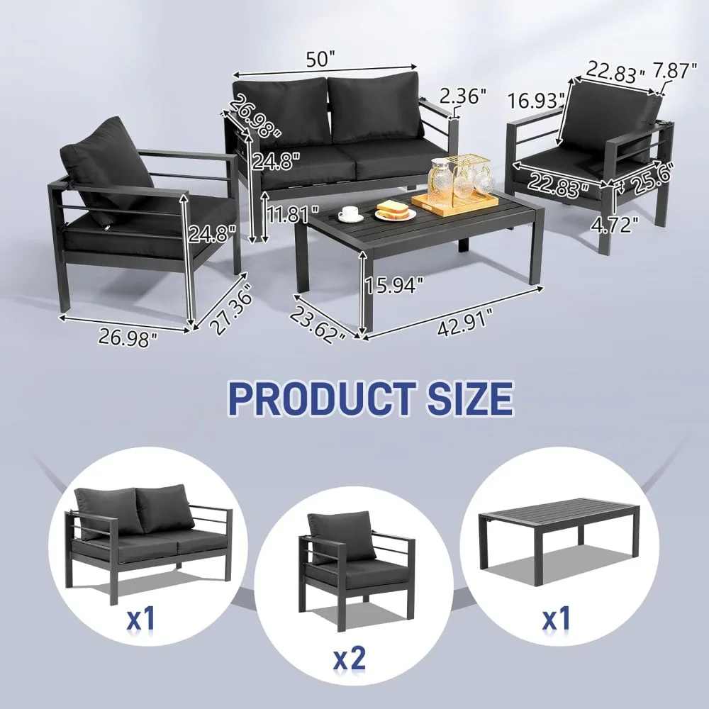 4-Seat Aluminum Outdoor Sectional Set - Thick Cushions & Coffee Table - Image 6