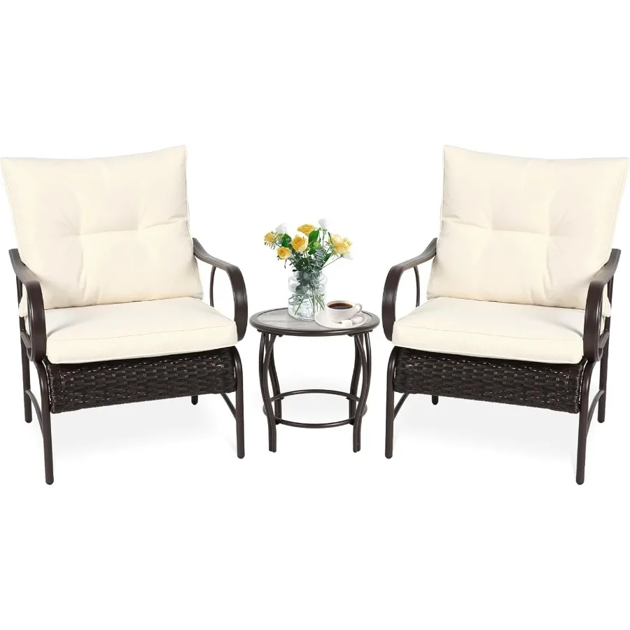 3-Piece Rattan Patio Bistro Set - All-Weather Chairs & Glass Coffee Table