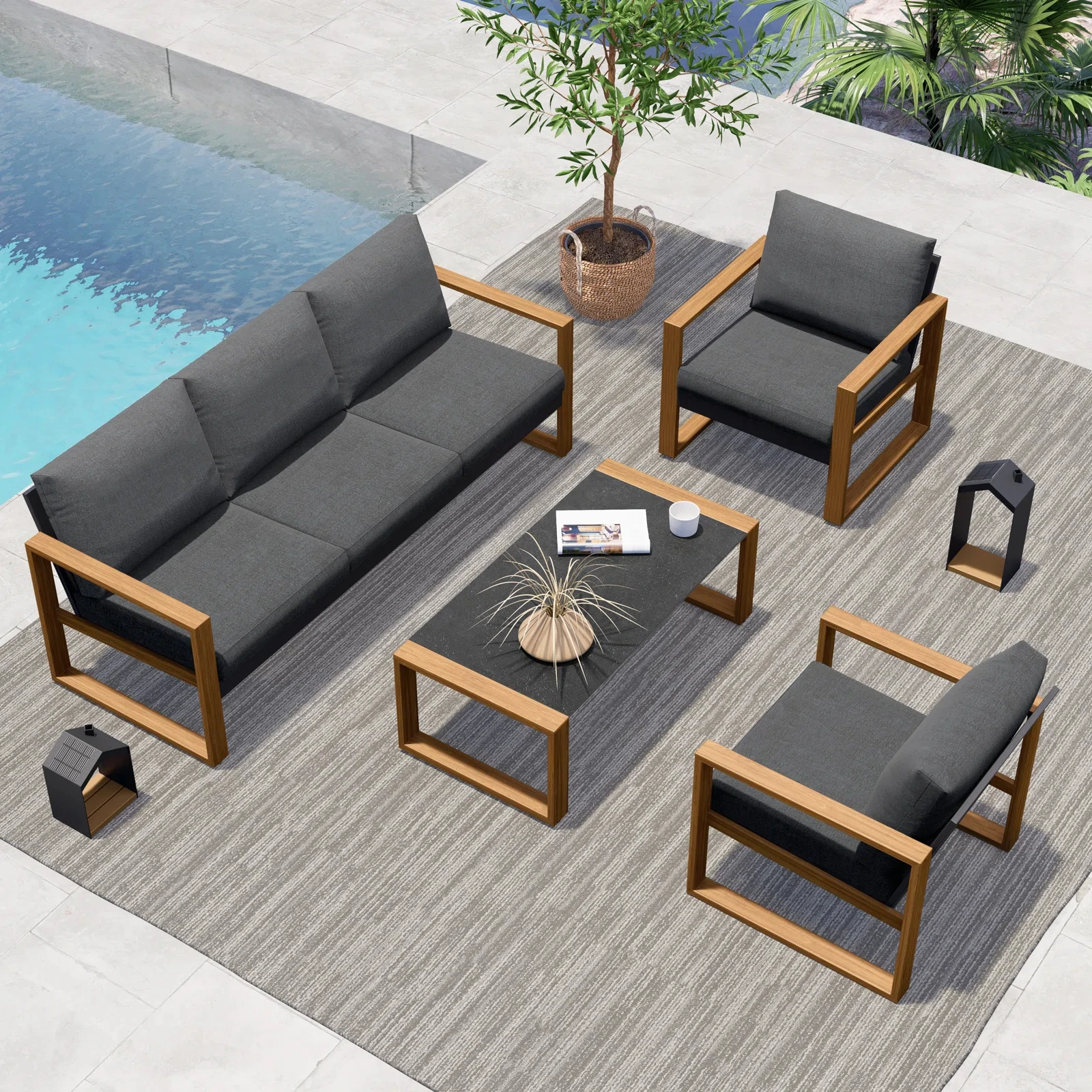 4-Piece Modern Outdoor Conversation Set - Faux Wood Grain Sofa with Thick Olefin Cushions - Image 2