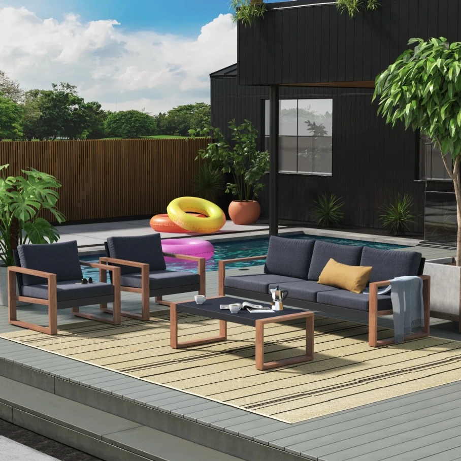 4-Piece Modern Outdoor Conversation Set - Faux Wood Grain Sofa with Thick Olefin Cushions