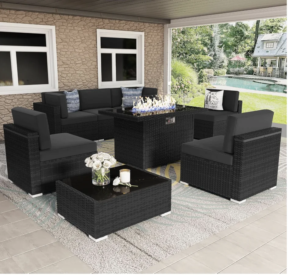 8-Piece Wicker Patio Sectional Set - 44" Propane Fire Pit Table & Conversation Sofa