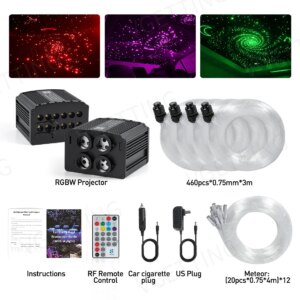 4Port 32W Twinkle RGBW Meteor Starlight Headliner Star Ceiling Light 860pcs Fiber Optic For Car Home APP&RF Remote Star Sky Roof