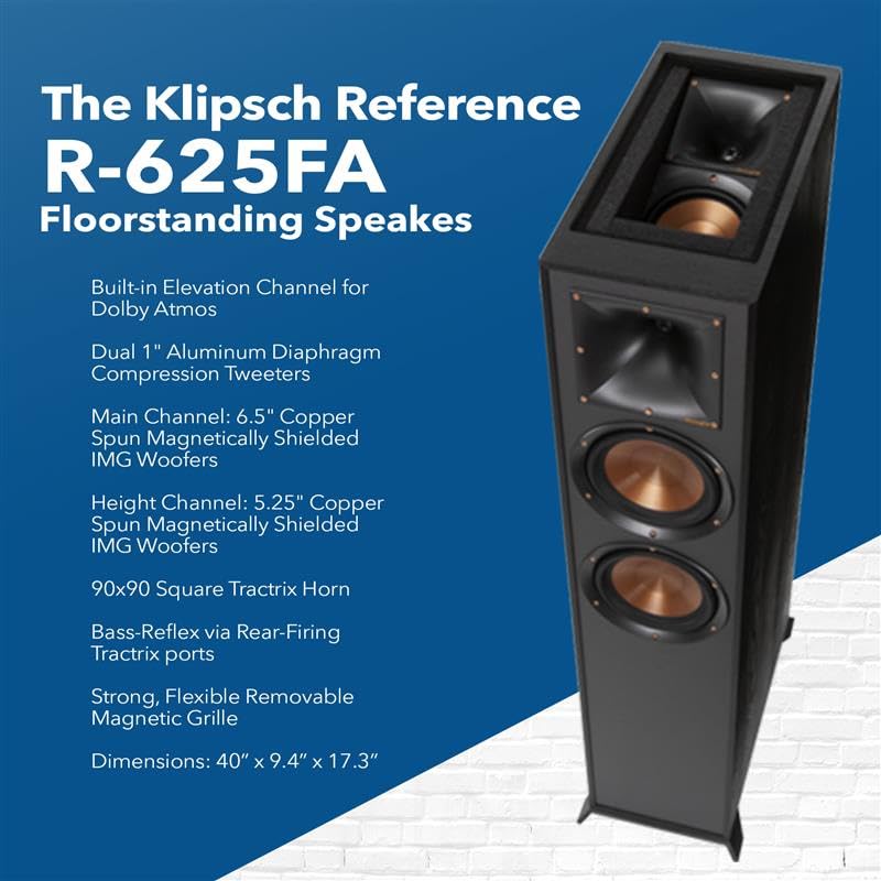 Klipsch Reference 5.2 Home Theater System, Bundle 2X R-625FA Floorstanding 2X R-12SW Subwoofer, R-52C Center, R-41M Bookshelf Speakers, and Denon AVR-S970H 7.2-Channel 8K Network AV Receiver - Image 8