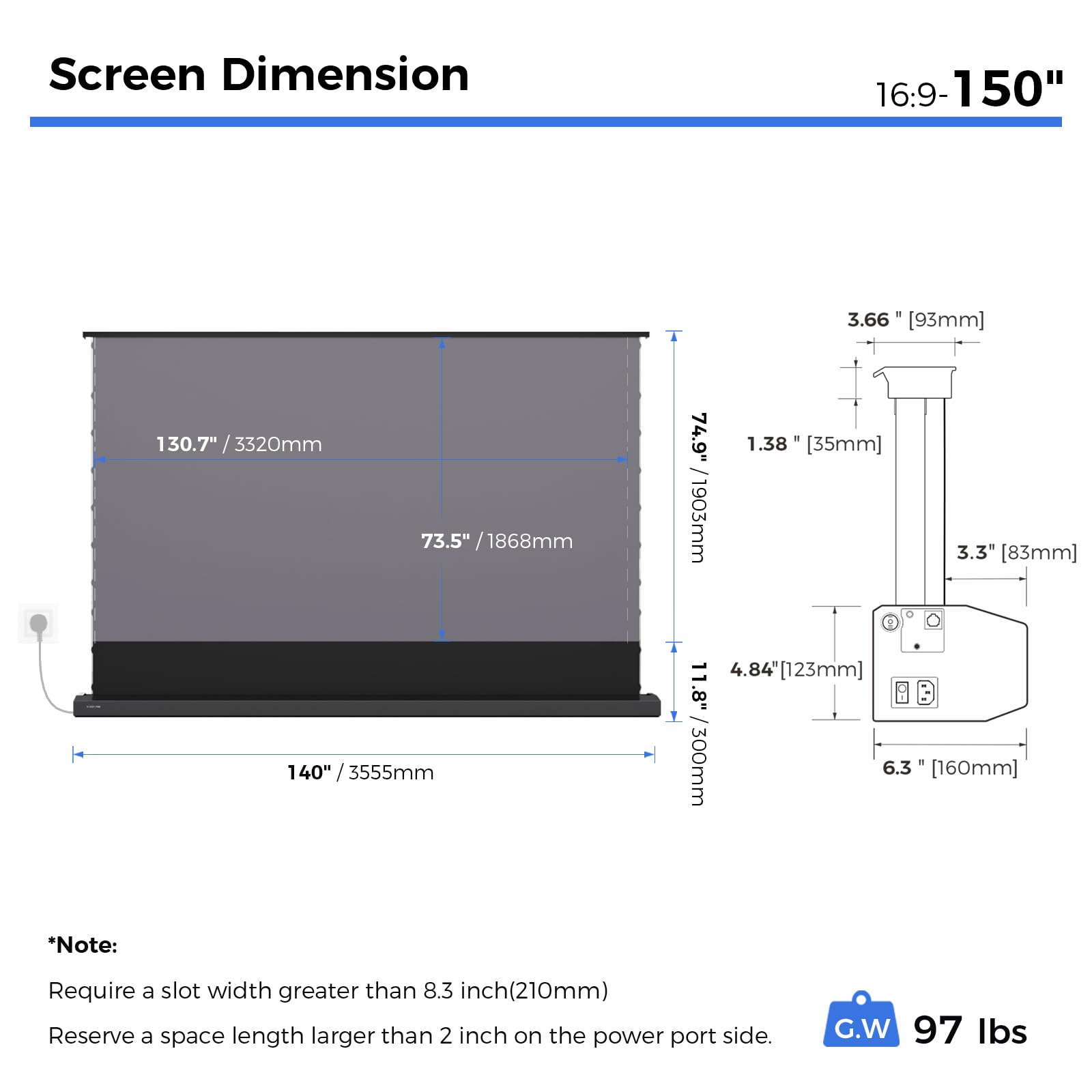 SCREENPRO Tensioned Floor Rising Projector Screen 150 inch, Motorized ALR Projector Screen with Remote, 16:9 Electric Home Theater Screen for 4K Projectors - Image 7