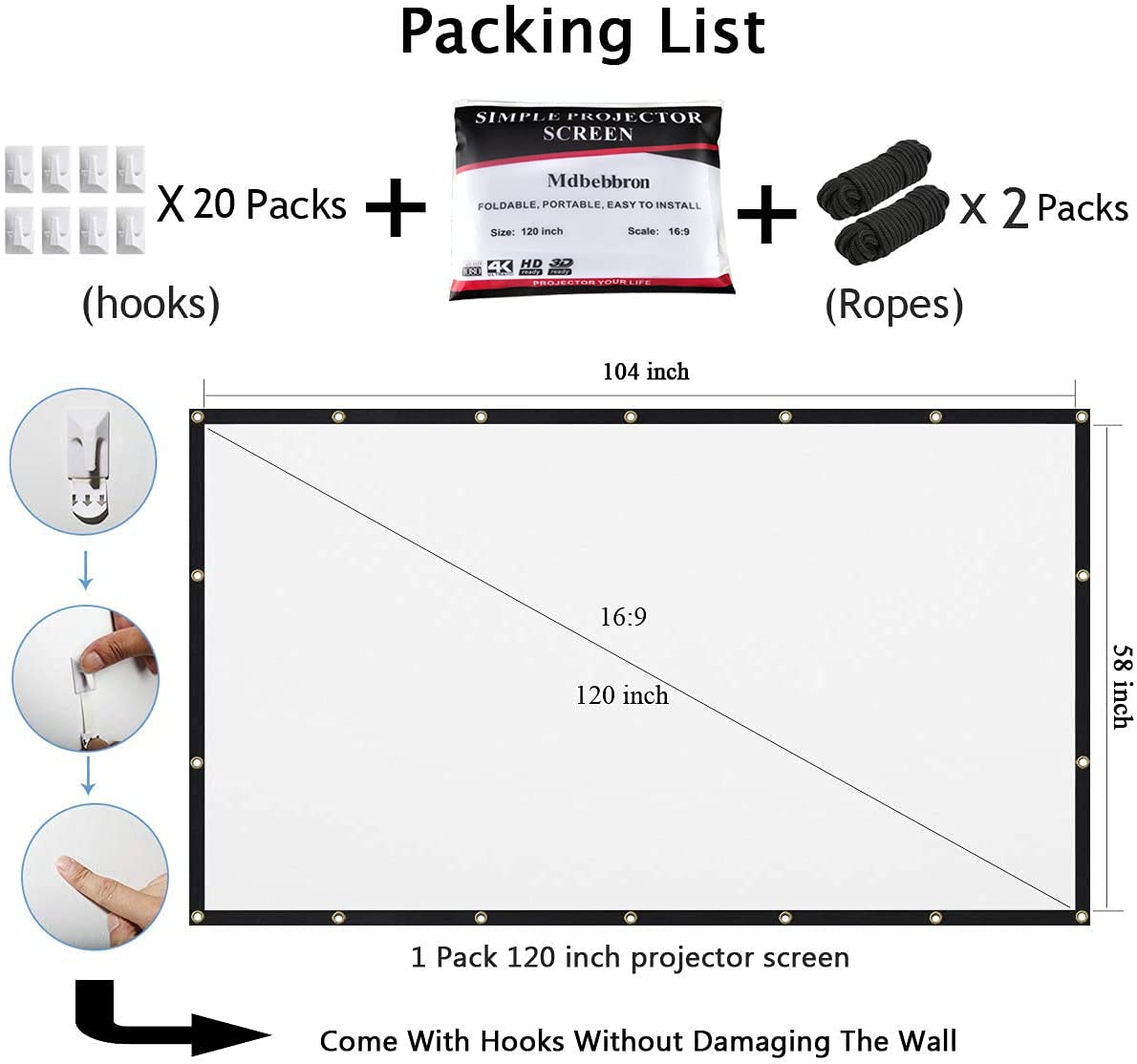 Mdbebbron 120 inch Projector Screen 16:9 Foldable Anti-Crease Portable Projector Movies Screens for Home Theater Outdoor Indoor Support Double Sided Projection - Image 5