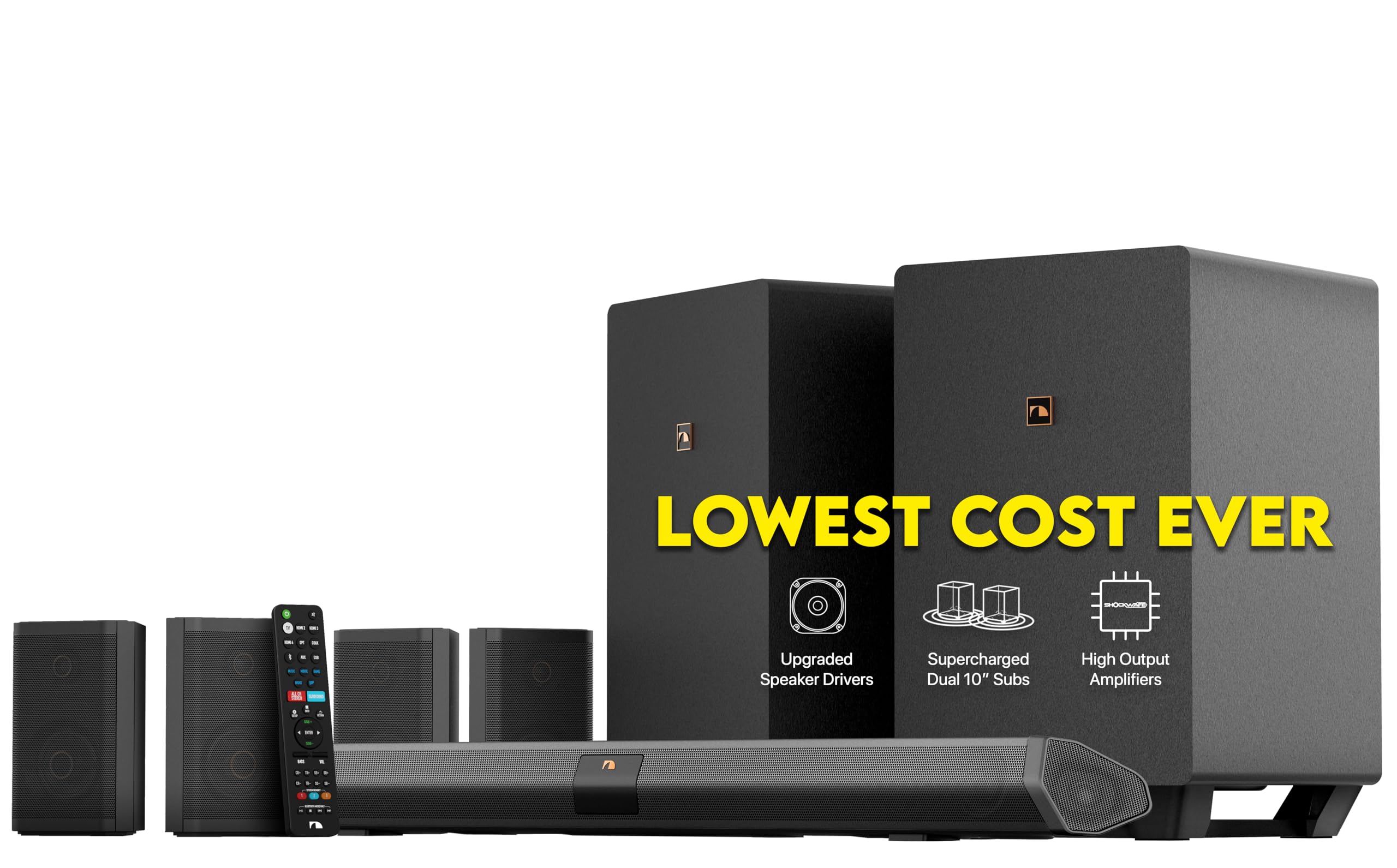 Nakamichi Shockwafe Ultra 9.2.4 Channel Dolby Atmos/DTS:X Soundbar with Dual 10" Subwoofers (Wireless), 4 Rear Surround Effects Speakers, eARC and SSE Max Technology (Flagship)