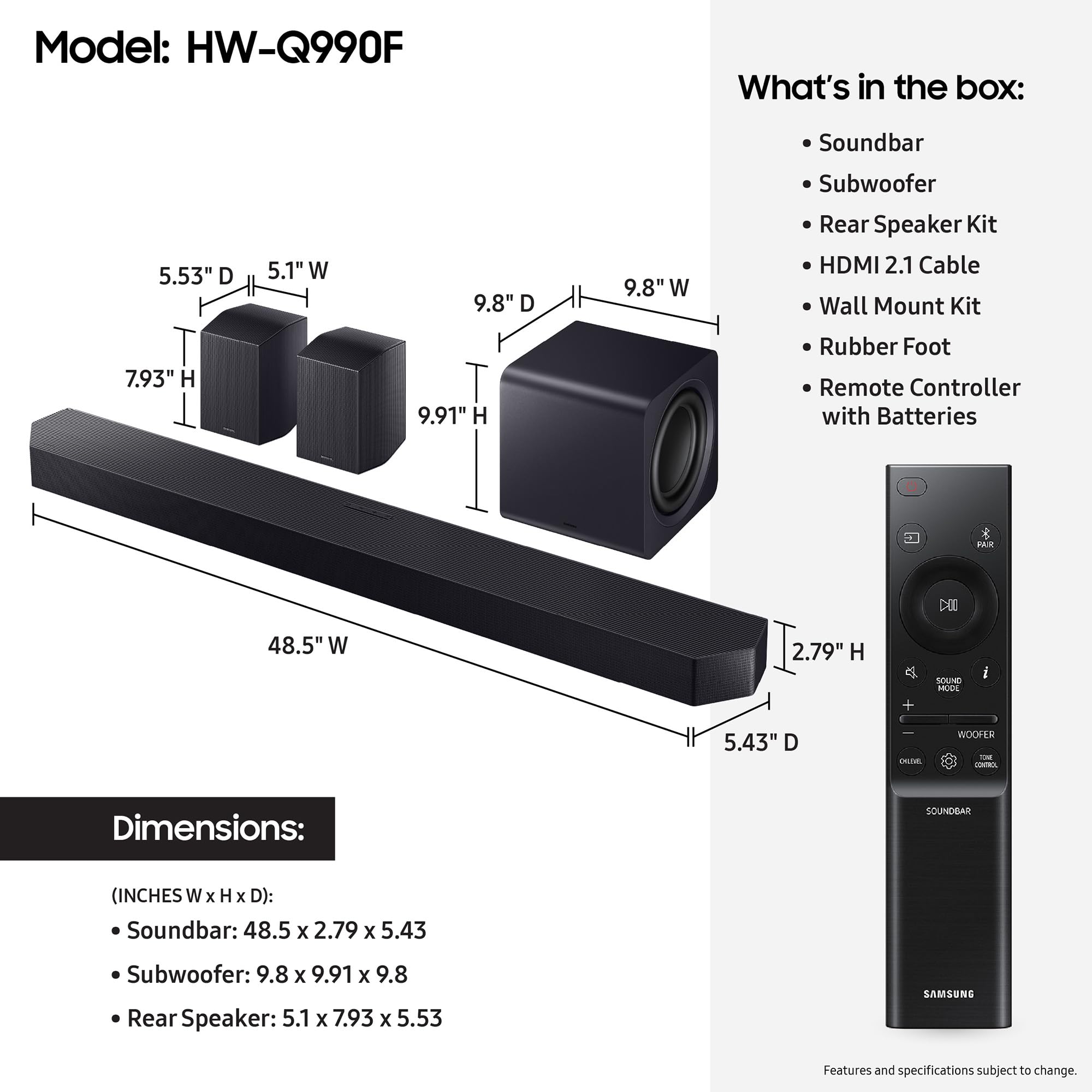 Samsung Q990F 11.1.4ch Q Series Subwoofer + Rear Speaker, Wireless Dolby Atmos, Q-Symphony, Game Mode Pro, Adaptive Sound (HW-Q990F, 2025) - Image 8