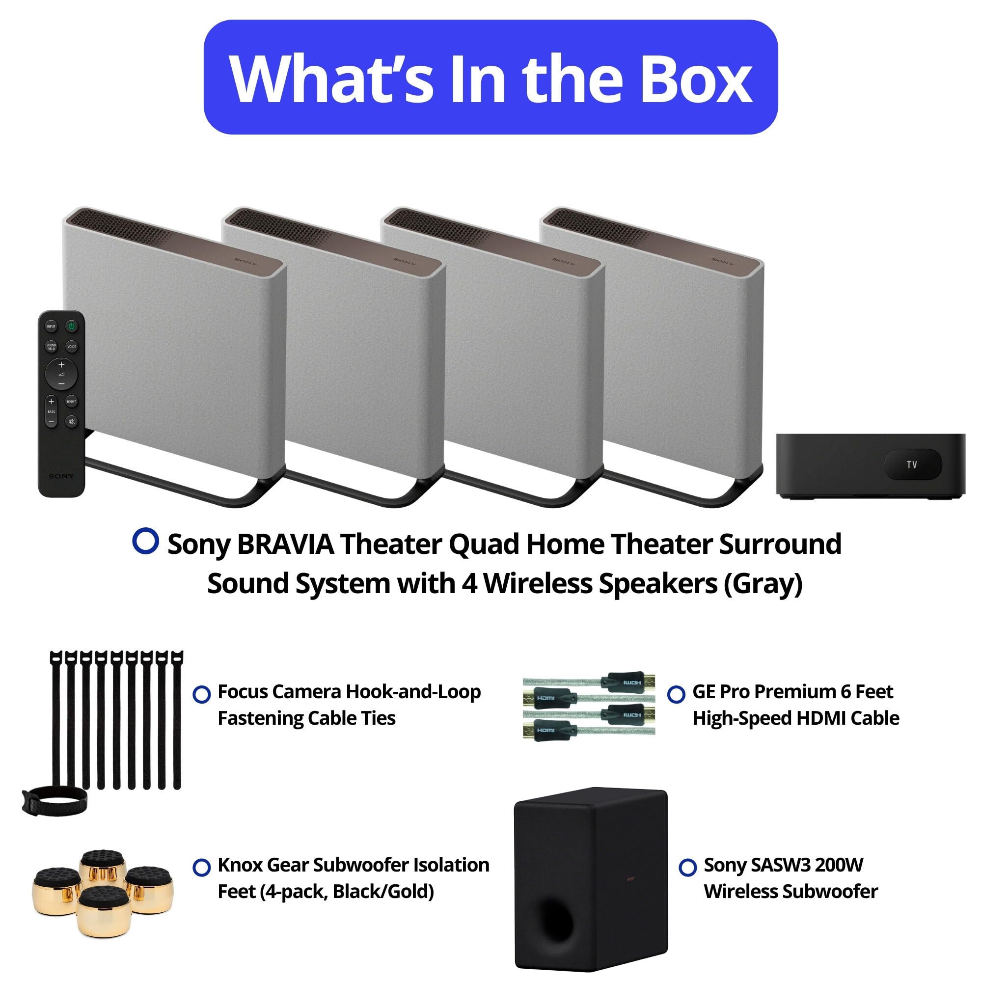 Sony BRAVIA Theater Quad Home Theater Surround Sound System with 4 Wireless Speakers (Gray) Bundle SASW3 Wireless Subwoofer, Monitor Isolation Pads, HDMI Cable, and Cable Ties (5 Items) - Image 2