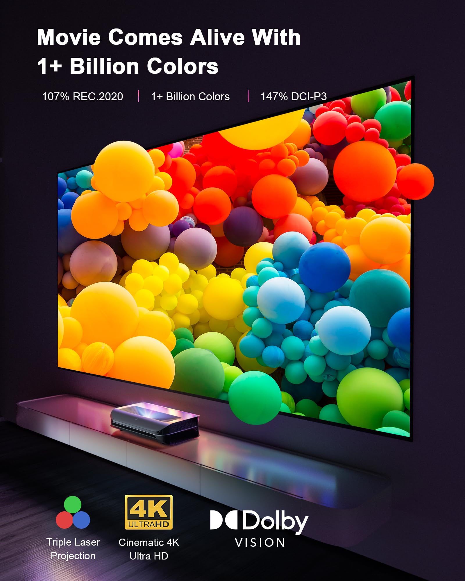 AWOL VISION LTV-3000 Pro 4K 3D Ultra Short Throw Triple Laser Projector, Dolby Vision & Atmos, HDR10+, 150" UST Laser TV Home Theater Projector - Image 7