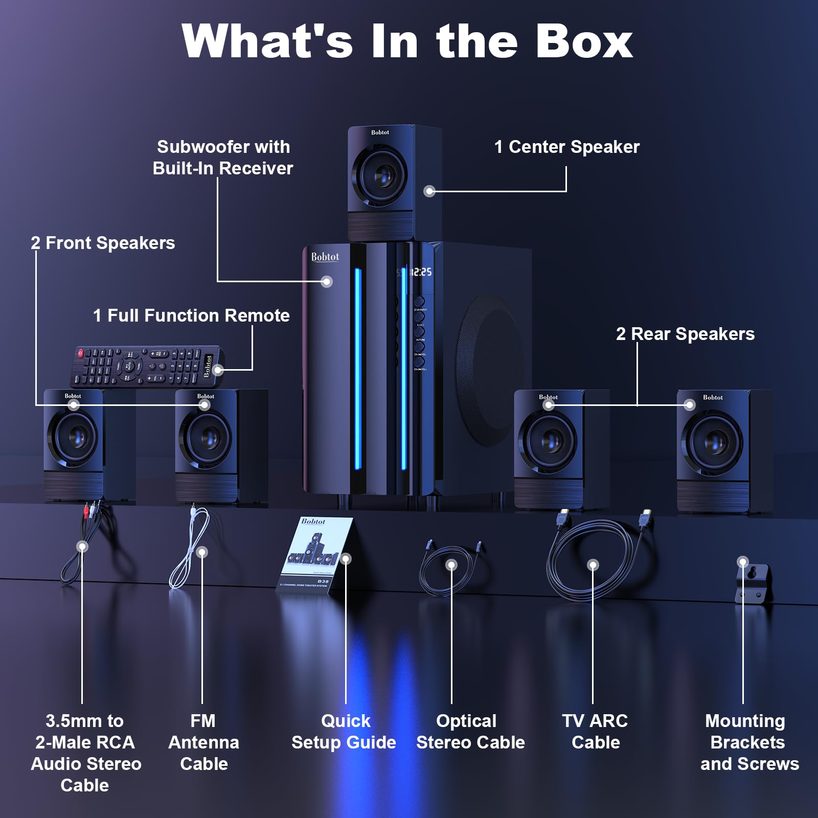 Bobtot Surround Sound Systems Home Theater System - 800 Watts Peak Power 6.5" Subwoofer 5.1/2.1 Wired Stereo Speakers Strong Bass with HDMI ARC Optical AUX Bluetooth Input - Image 5