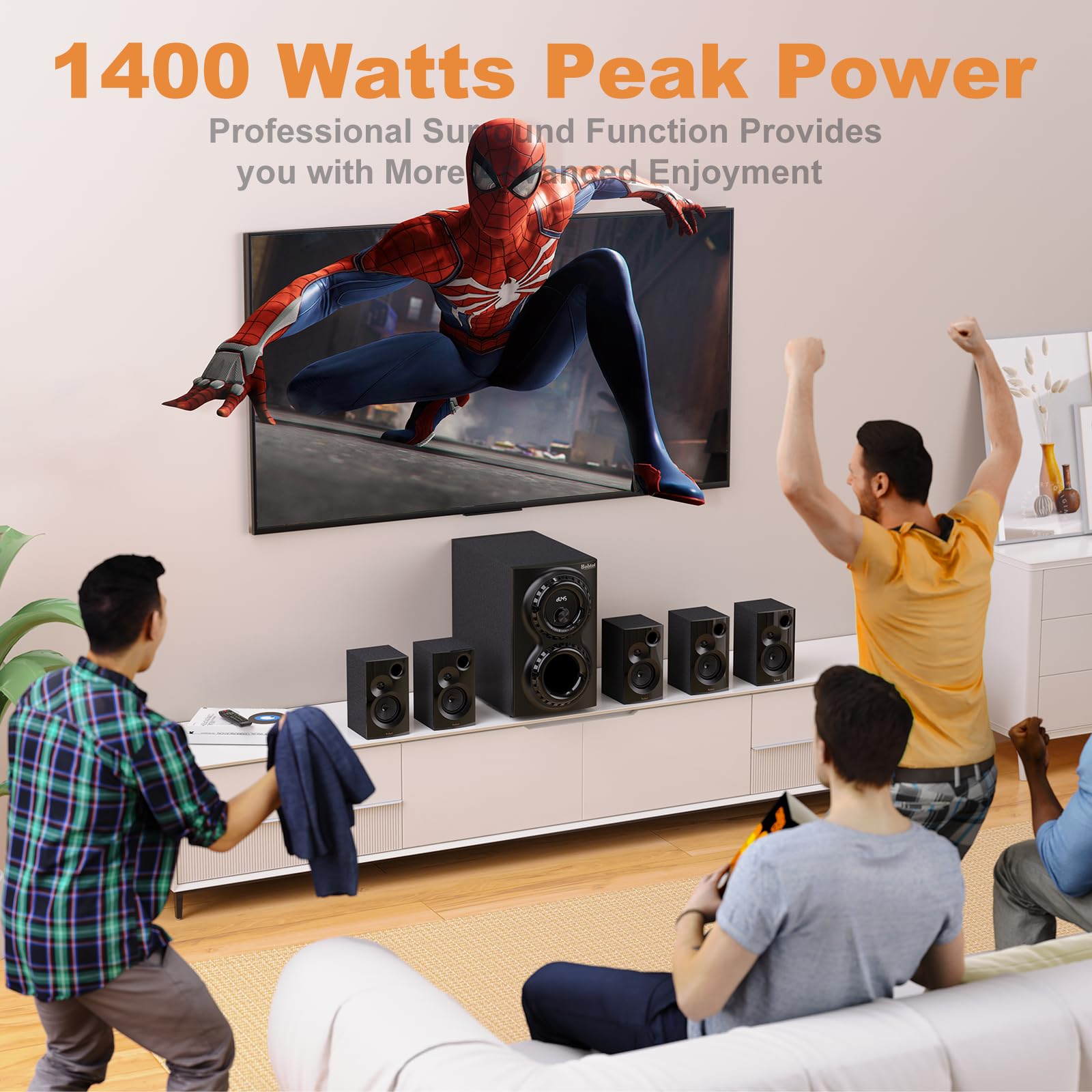 Bobtot Surround Sound Systems 1400 Watts Peak Power Home Theater Speakers - 12" Subwoofer Strong Bass 5.1 Wired Loud Stereo Audio System with Bluetooth HDMI ARC Optical Input for TV - Image 6