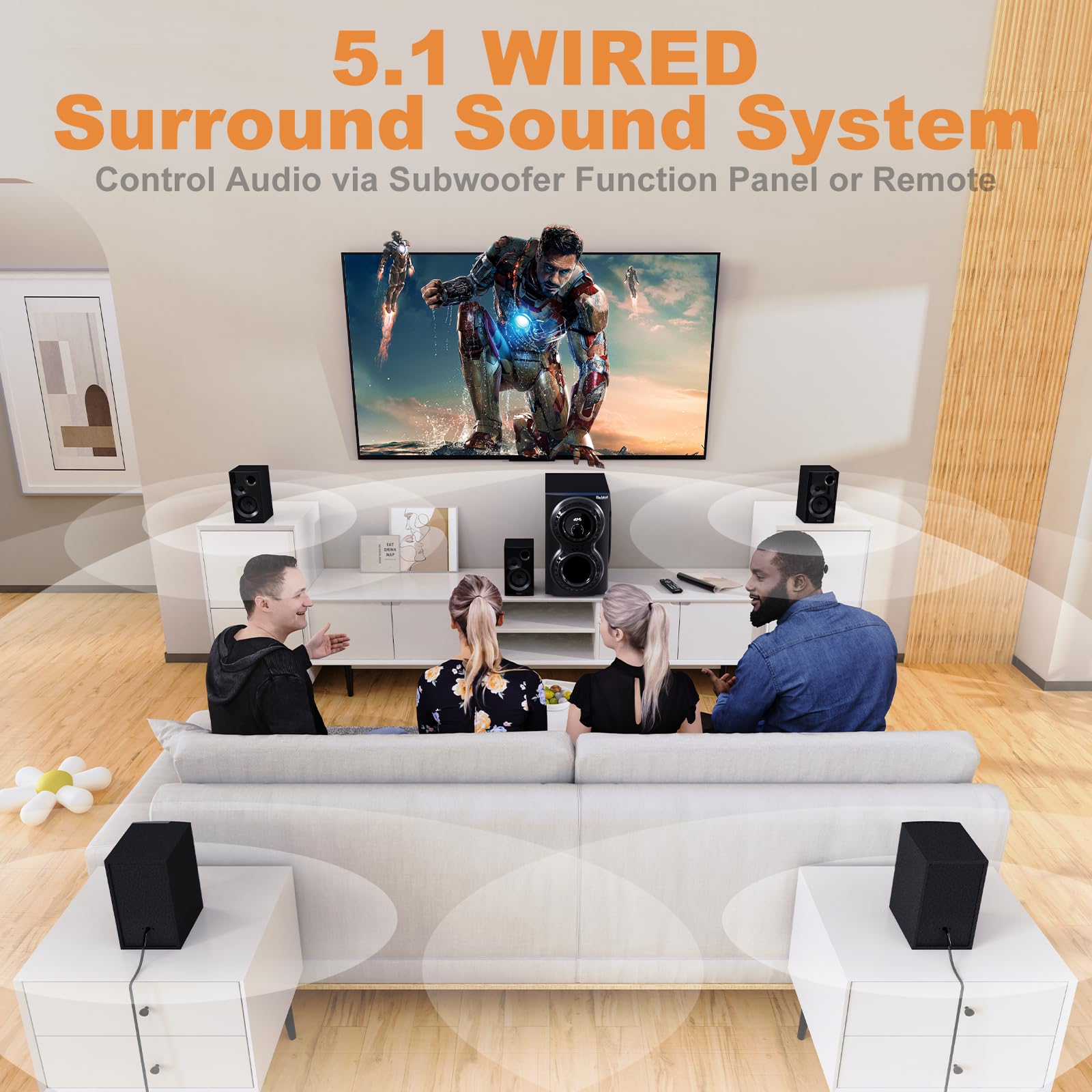 Bobtot Surround Sound Systems 1400 Watts Peak Power Home Theater Speakers - 12" Subwoofer Strong Bass 5.1 Wired Loud Stereo Audio System with Bluetooth HDMI ARC Optical Input for TV - Image 7