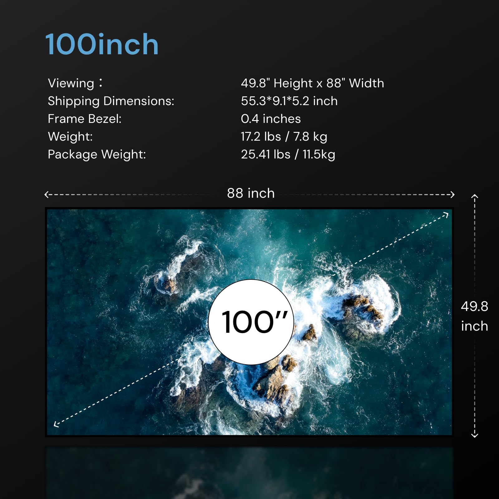 Valerion 100-inch Fixed Frame Projector Screen, 1.3 dB Gain, 80% PQE, 4K/8K Ultra HD, 3D Wall Mount Projector Screen, Works with Long Throw, Short Throw & Ultra Short Throw Projectors - Image 3