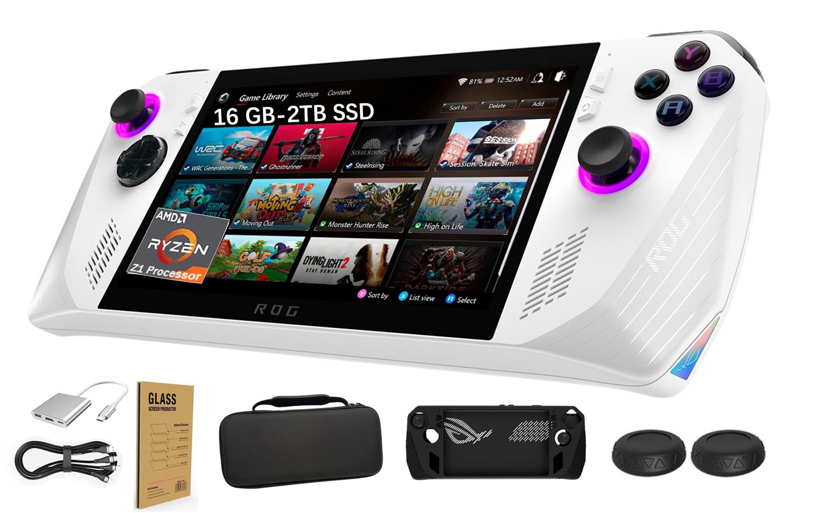 ASUS ROG Ally 7" - 120Hz FHD IPS (1920 x 1080) Gaming Handheld, AMD Ryzen Z1 Extreme Processor, 16GB RAM, 2TB, LED Touch Screen, Steam OS, White, with 6-in-1 Accessories