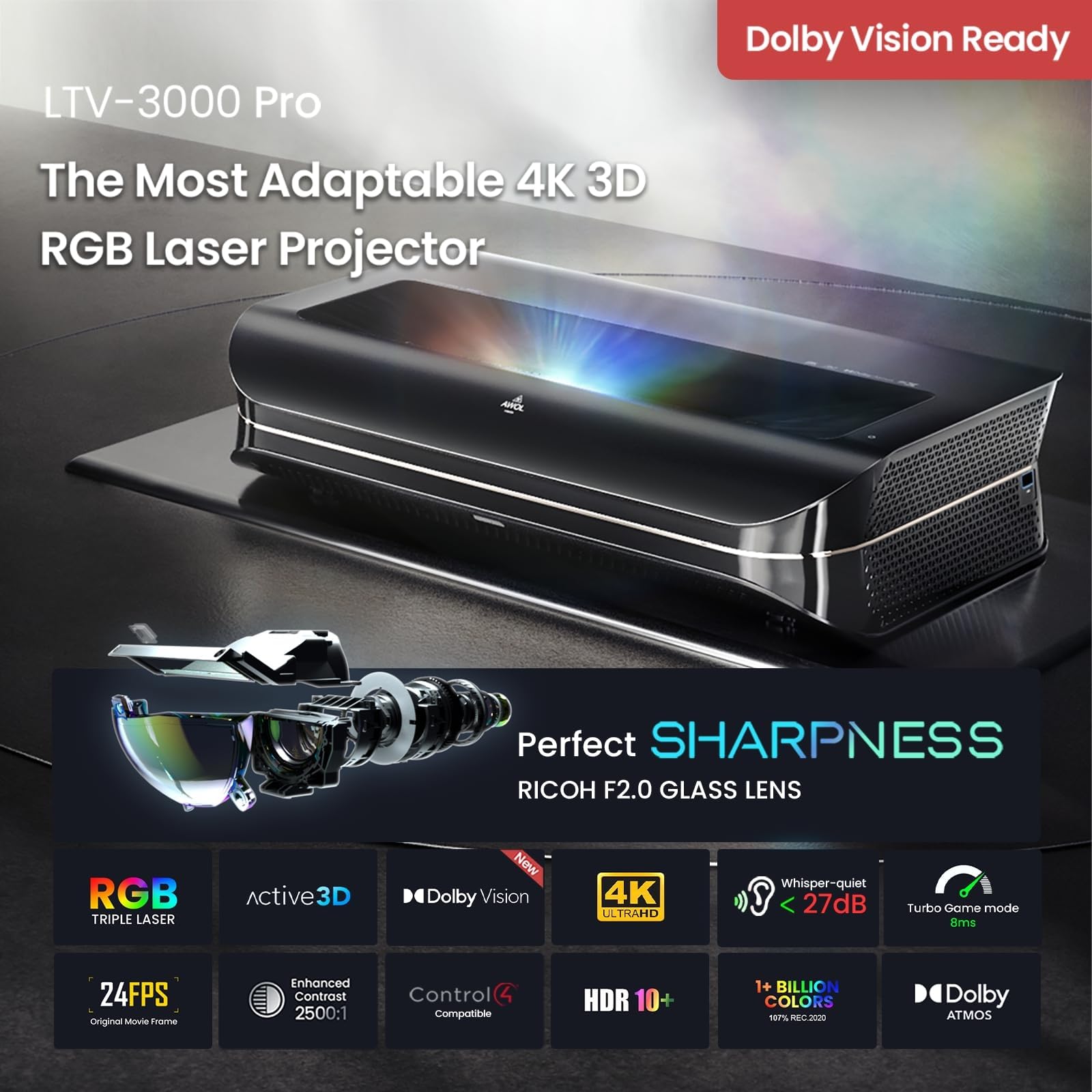 AWOL VISION LTV-3000 Pro 4K 3D Ultra Short Throw Triple Laser Projector, Dolby Vision & Atmos, HDR10+, 150" UST Laser TV Home Theater Projector - Image 9