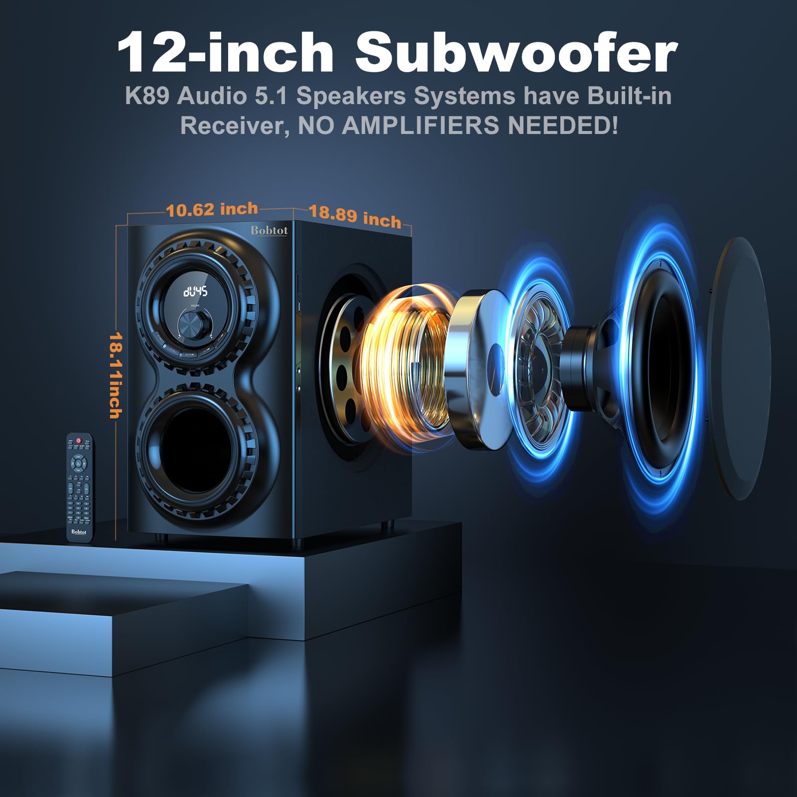 Bobtot Surround Sound Systems 1400 Watts Peak Power Home Theater Speakers - 12" Subwoofer Strong Bass 5.1 Wired Loud Stereo Audio System with Bluetooth HDMI ARC Optical Input for TV - Image 8