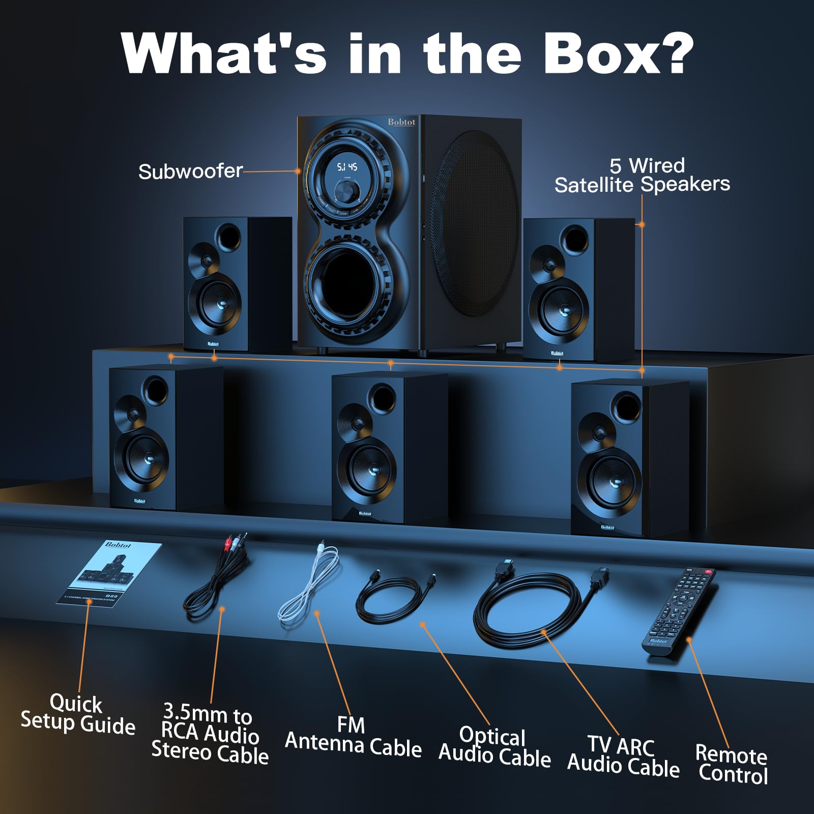 Bobtot Surround Sound Systems 1400 Watts Peak Power Home Theater Speakers - 12" Subwoofer Strong Bass 5.1 Wired Loud Stereo Audio System with Bluetooth HDMI ARC Optical Input for TV - Image 4