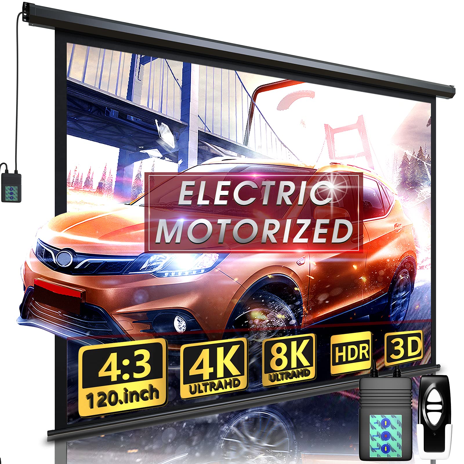 Motorized Projector Screen - Indoor and Outdoor Movies Screen Electric Projector Screen W/Remote Control (120 inch)