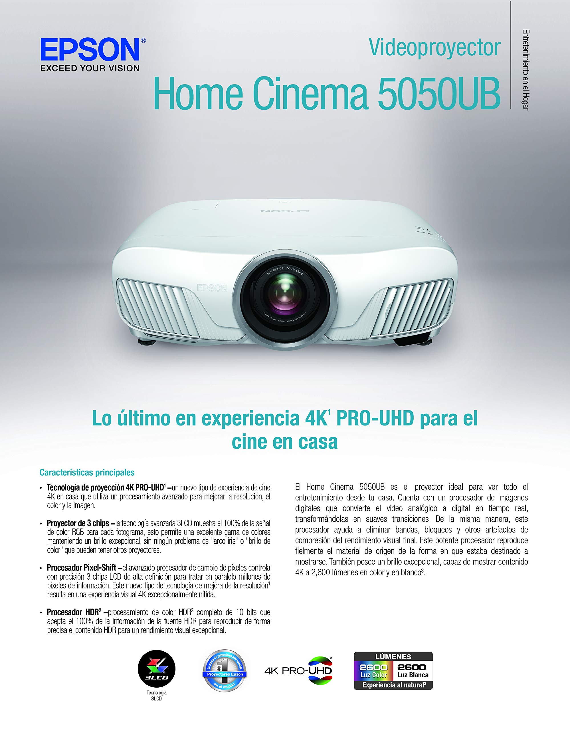 Epson Home Cinema 5050UB 4K PRO-UHD 3-Chip Projector with HDR,White - Image 3