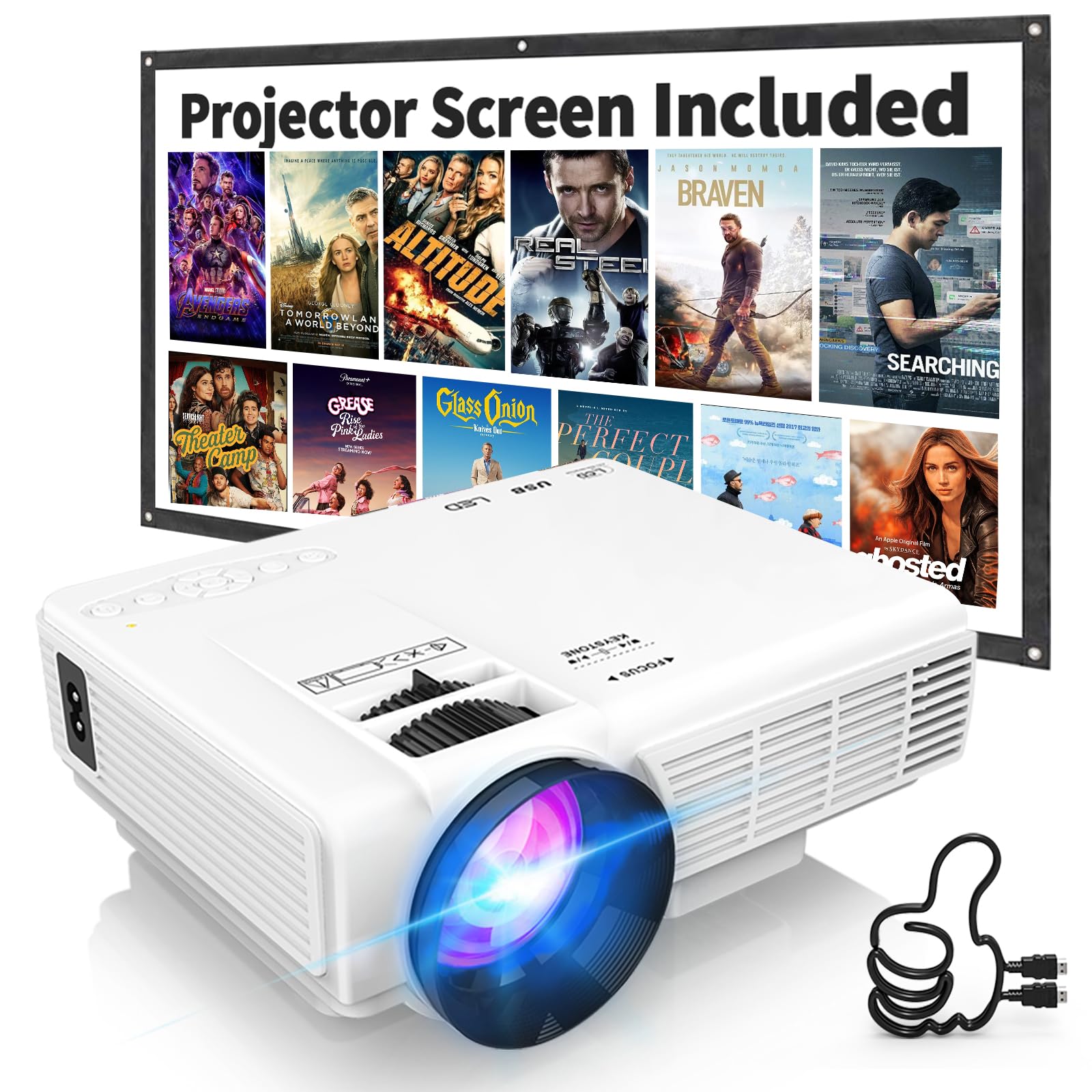 PANSEBA 1080P Mini Projector with Screen, Portable Home Theater Movie Projector with Two-Way Bluetooth, HDMI/USB Input for Smartphone/TV Stick, Ideal for Indoor & Outdoor Use