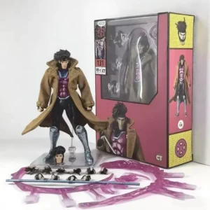 Gambit action figure with a detailed design, featuring a coat and multiple accessories in packaging.