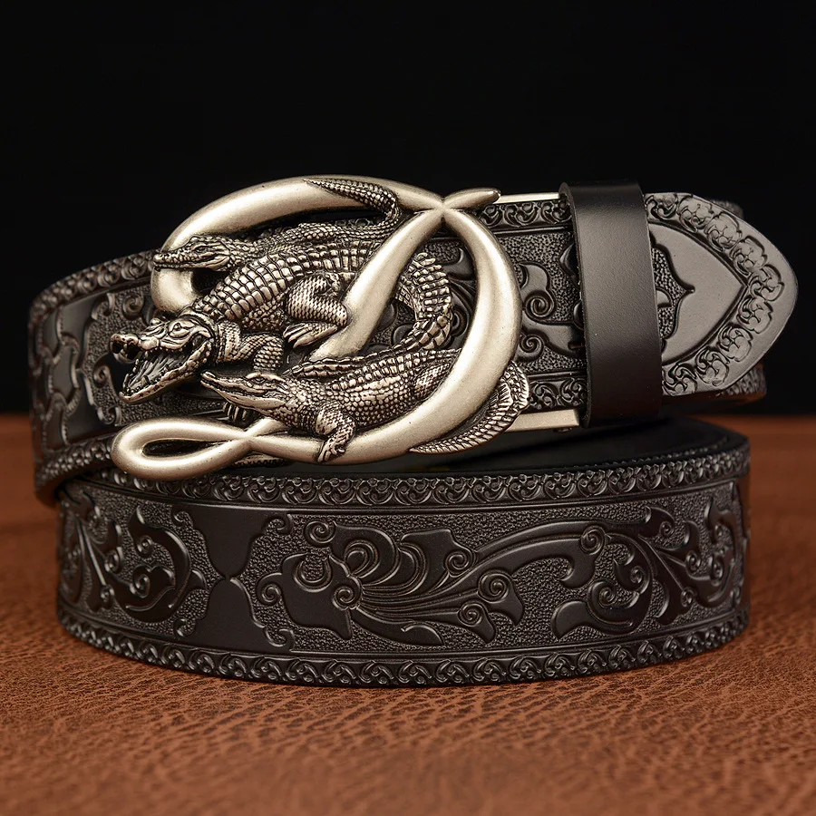 SupSindy Men Genuine Leather Belt Luxury Gold Crocodile Metal Automatic Buckle Cowhide Belts for Men Jeans Waistband Male Strap - Image 2