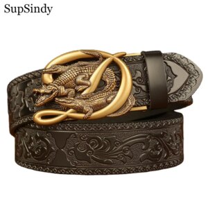 SupSindy Men Genuine Leather Belt Luxury Gold Crocodile Metal Automatic Buckle Cowhide Belts for Men Jeans Waistband Male Strap